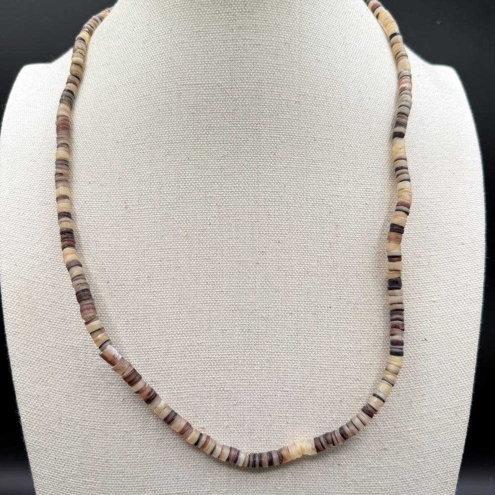 Natural Shell Heishi Disc Bead Necklace Brown Cream Boho Beach Layering Vintage